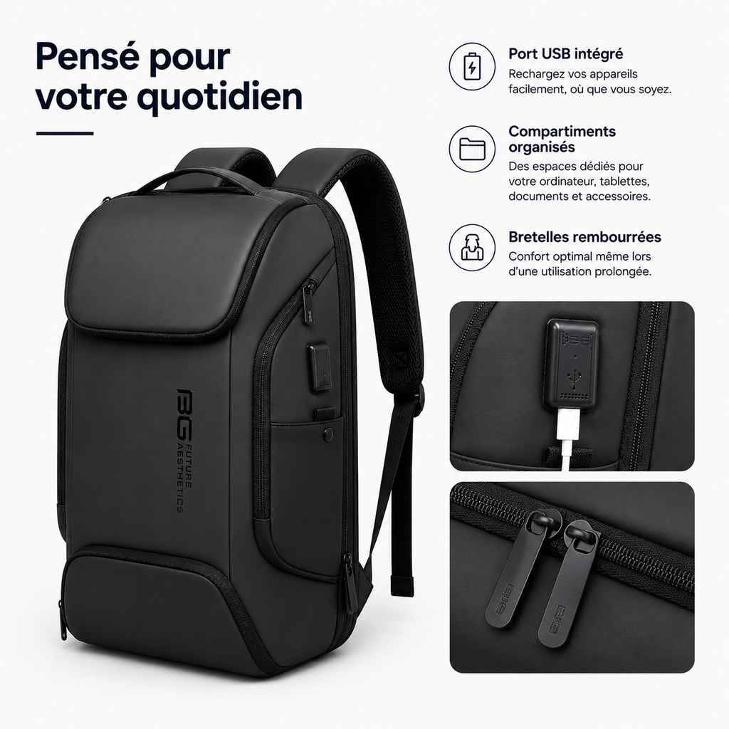Détails du sac à dos ordinateur business noir avec port USB intégré, poche sécurisée, fermetures renforcées et bretelles respirantes