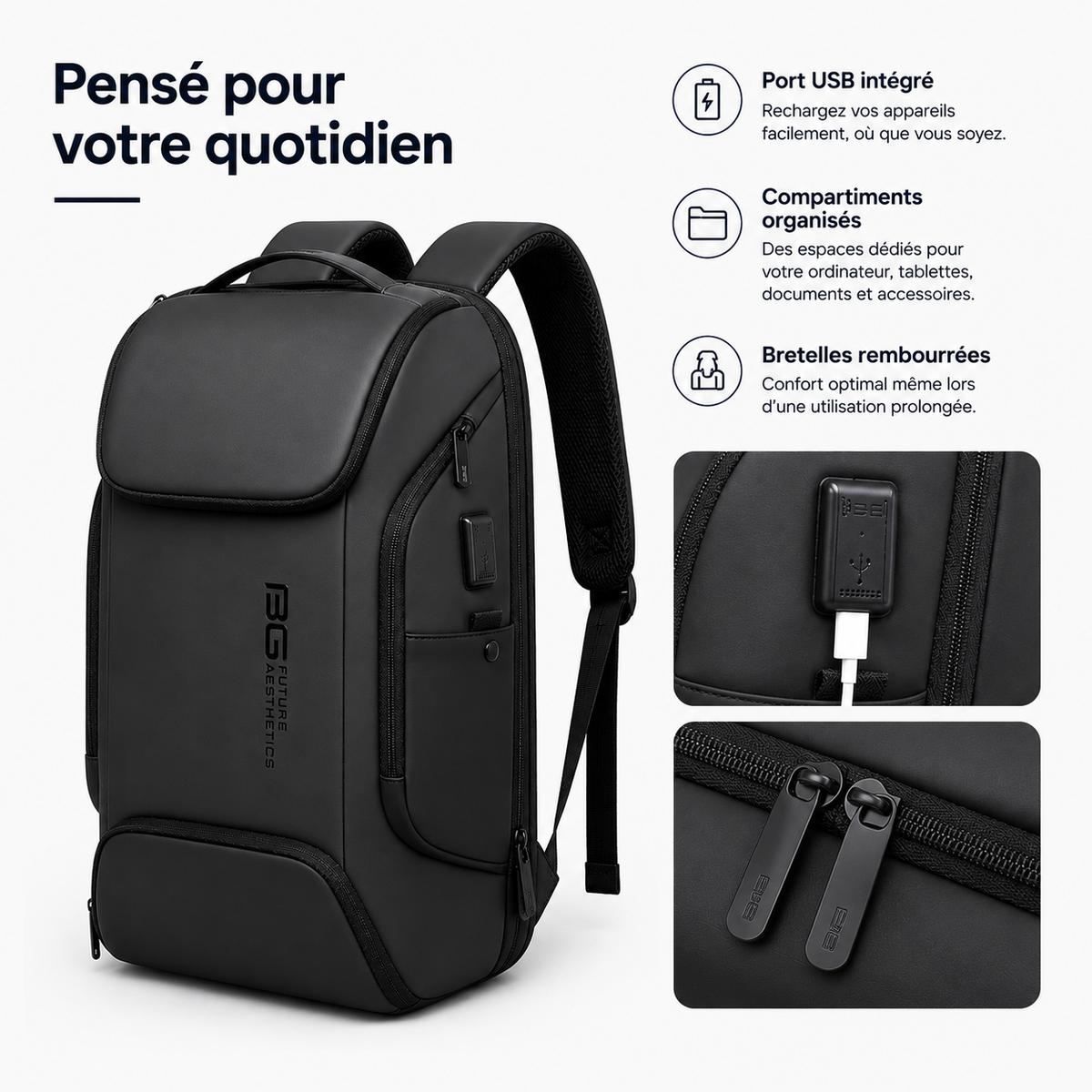 Détails du sac à dos ordinateur business noir avec port USB intégré, poche sécurisée, fermetures renforcées et bretelles respirantes