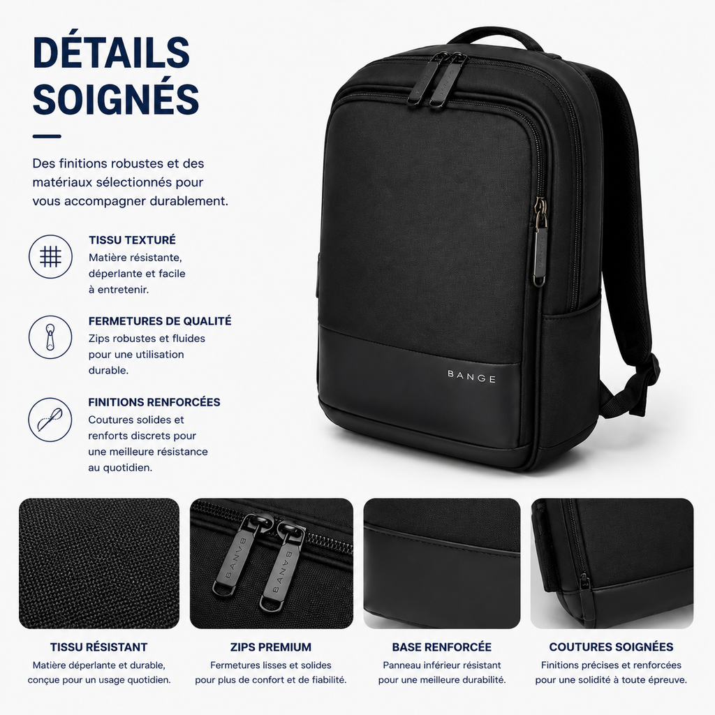 Détails du sac à dos ordinateur homme BANGE noir avec tissu texturé, fermetures zippées et finitions renforcées
