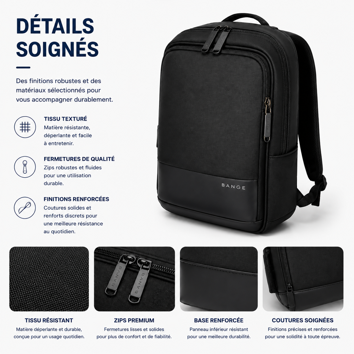Détails du sac à dos ordinateur homme BANGE noir avec tissu texturé, fermetures zippées et finitions renforcées