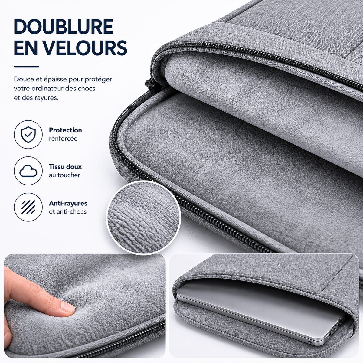 Doublure intérieure en velours d’une sacoche ordinateur grise pour protéger un ordinateur portable des rayures et des chocs
