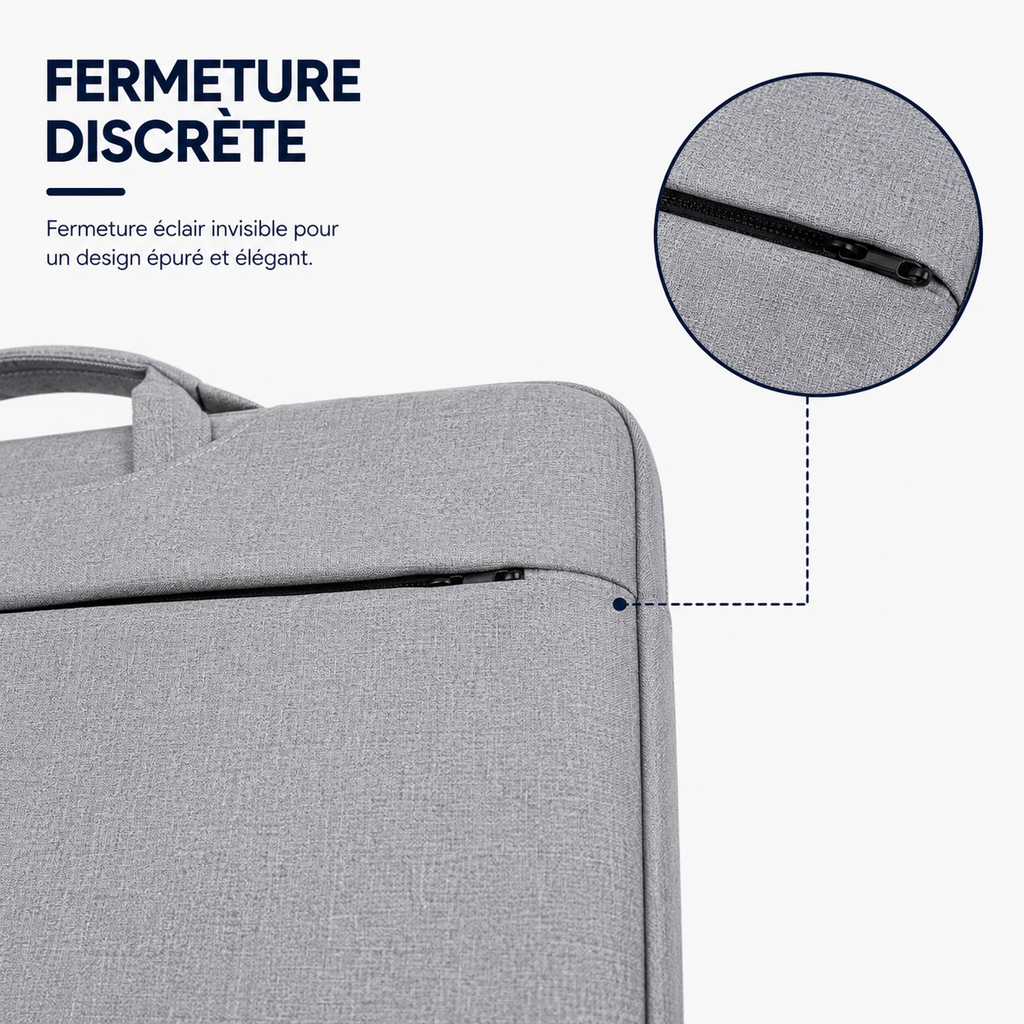 Fermeture discrète avec zip caché sur une sacoche ordinateur grise au design épuré
