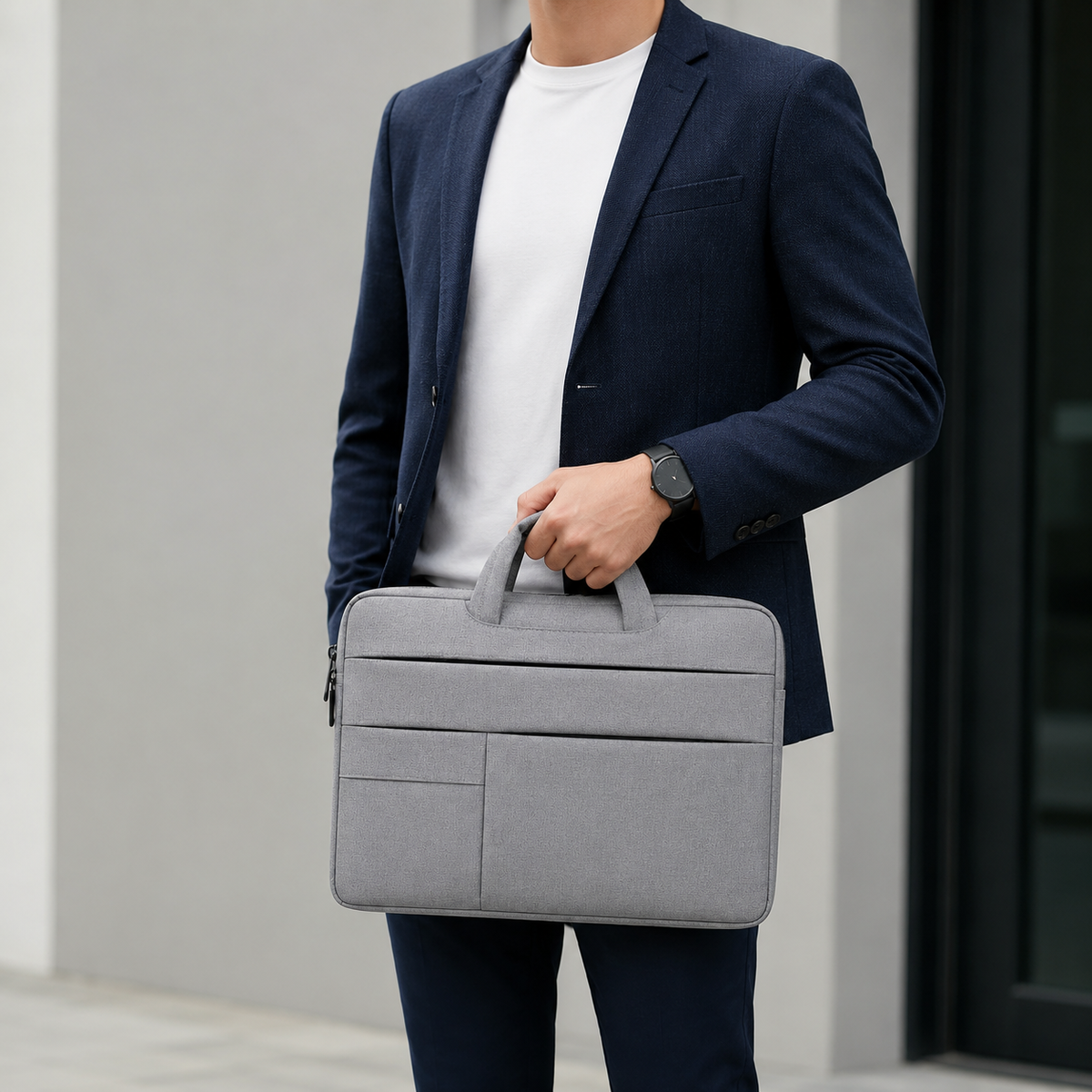 Homme tenant une sacoche ordinateur grise dans un environnement professionnel moderne