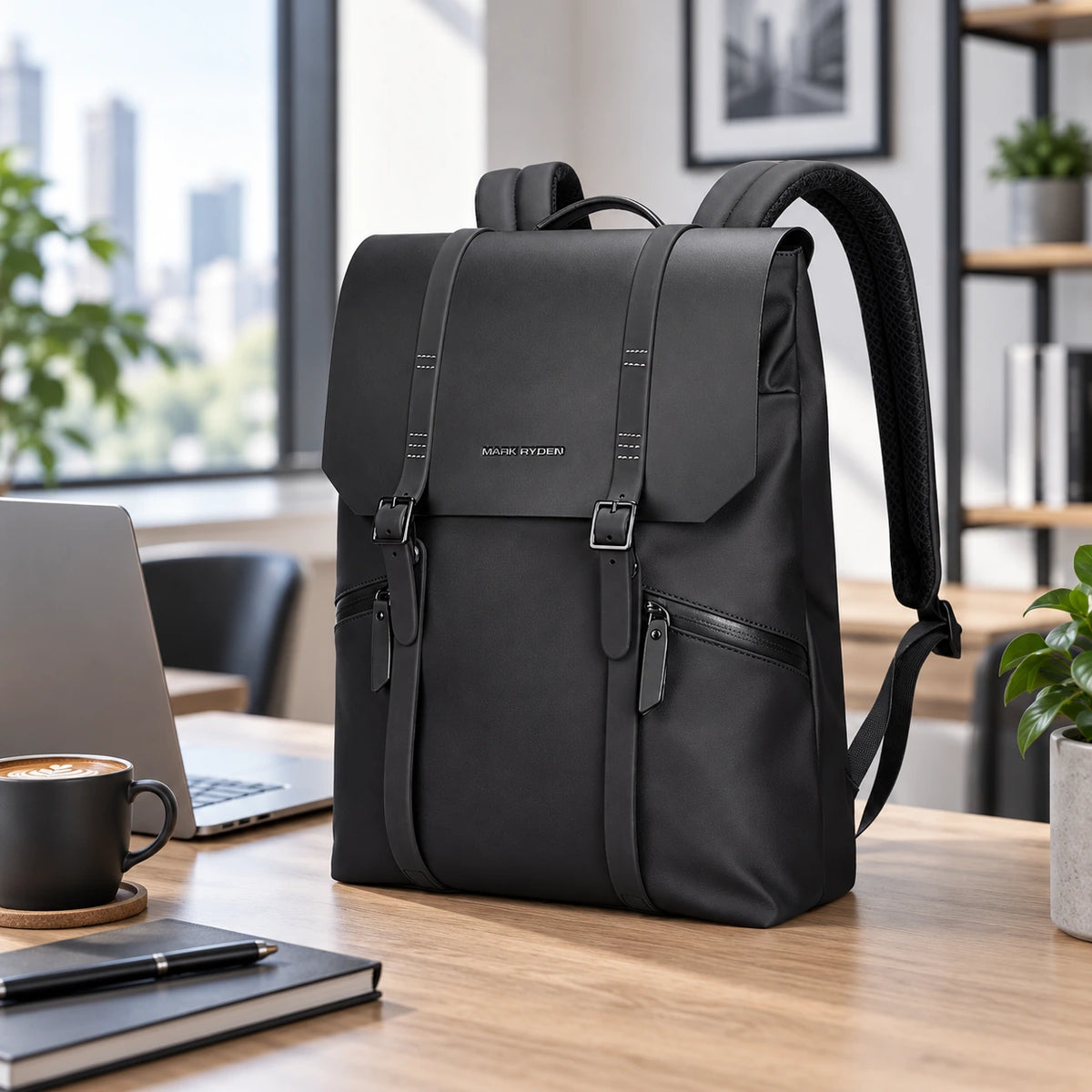 Le Classique, sac à dos ordinateur noir à rabat dans un bureau moderne