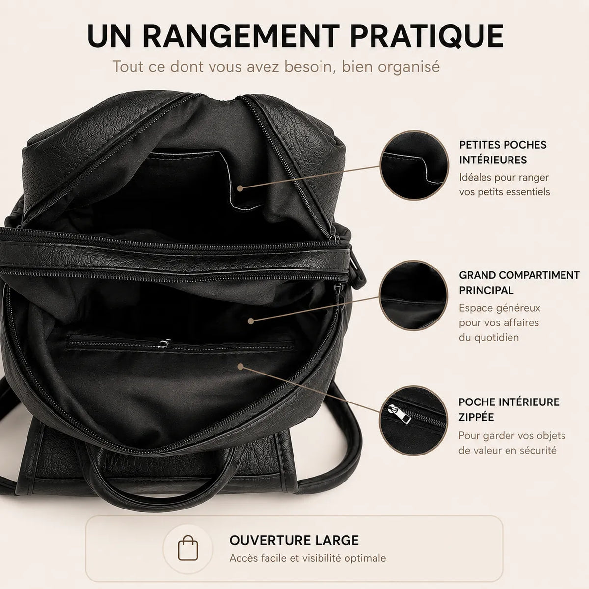 Visuel premium du rangement intérieur d’un sac à dos femme noir avec compartiments et poche zippée sur fond beige