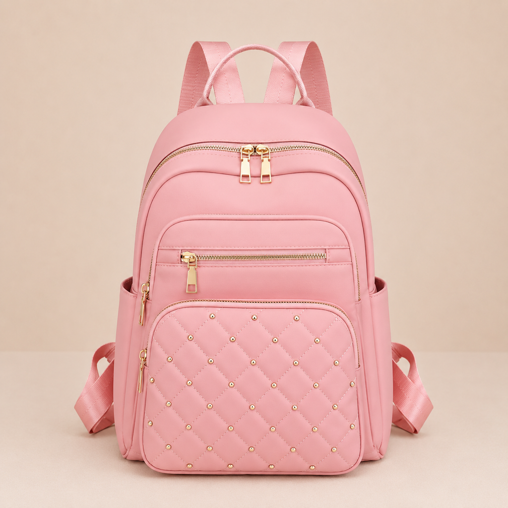 Sac a dos femme rose en nylon avec poches zippees et details matelasses