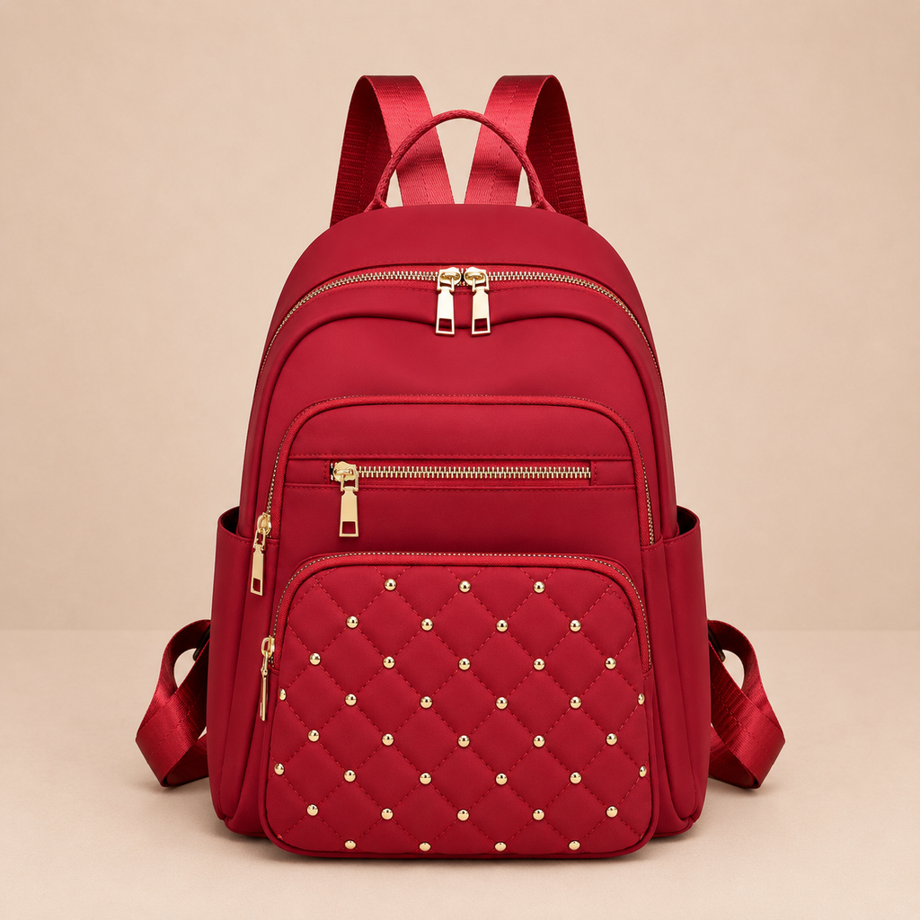 Sac a dos femme rouge en nylon avec poches zippees et details matelasses
