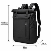 Dimensions du sac à dos ordinateur Le Nomade : hauteur 45 à 65 cm, largeur 28 cm, profondeur 16 cm