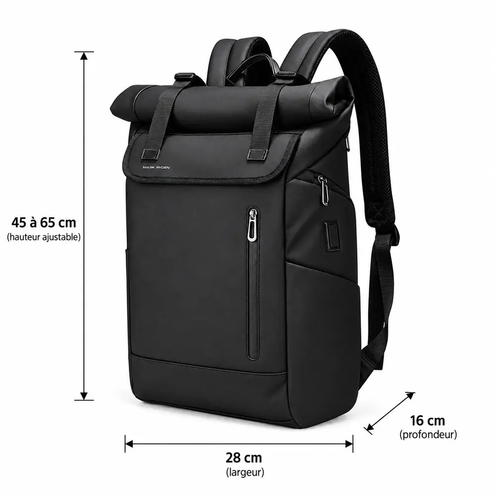 Dimensions du sac à dos ordinateur Le Nomade : hauteur 45 à 65 cm, largeur 28 cm, profondeur 16 cm