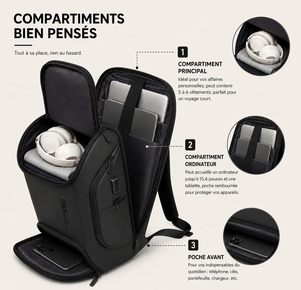 Sac à dos ordinateur BANGE noir avec compartiments organisés et rangement intérieur pour ordinateur portable et accessoires