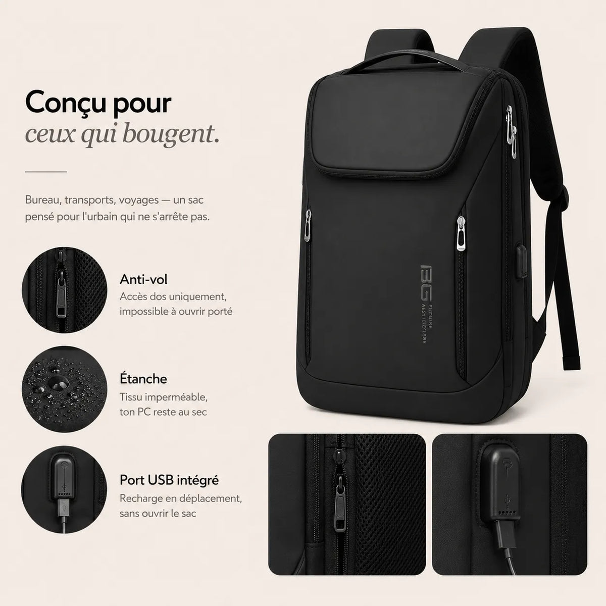 Visuel argumentaire du sac à dos ordinateur BANGE noir avec détails anti-vol, port USB intégré et tissu imperméable sur fond beige premium