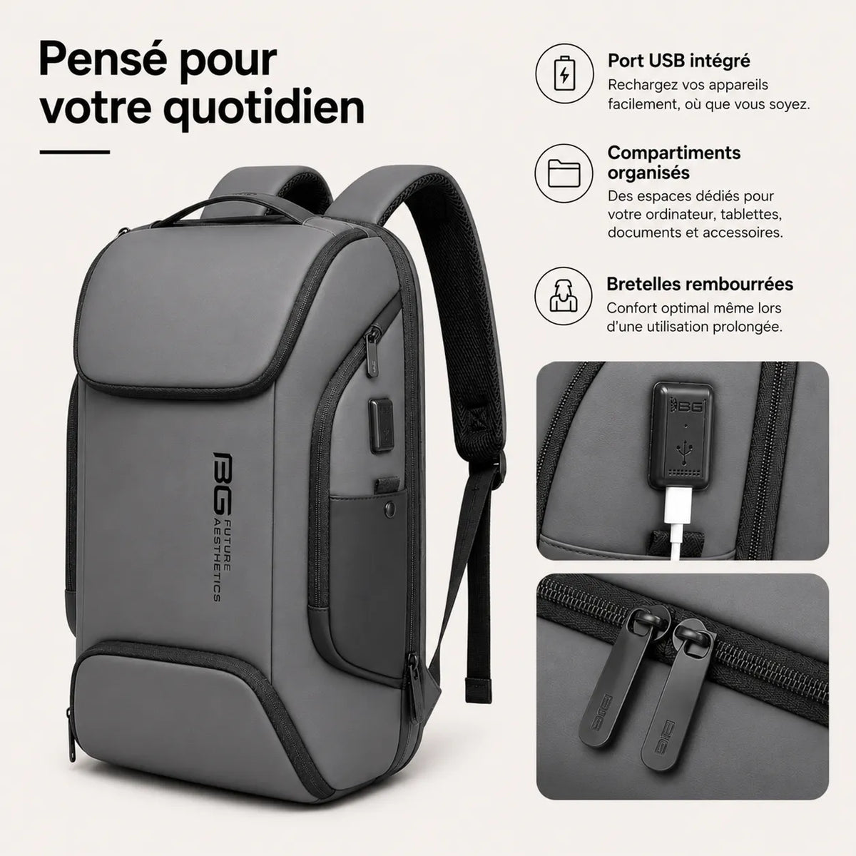 Sac à dos ordinateur BG Future Aesthetics avec port USB externe, compartiments organisés et bretelles rembourrées