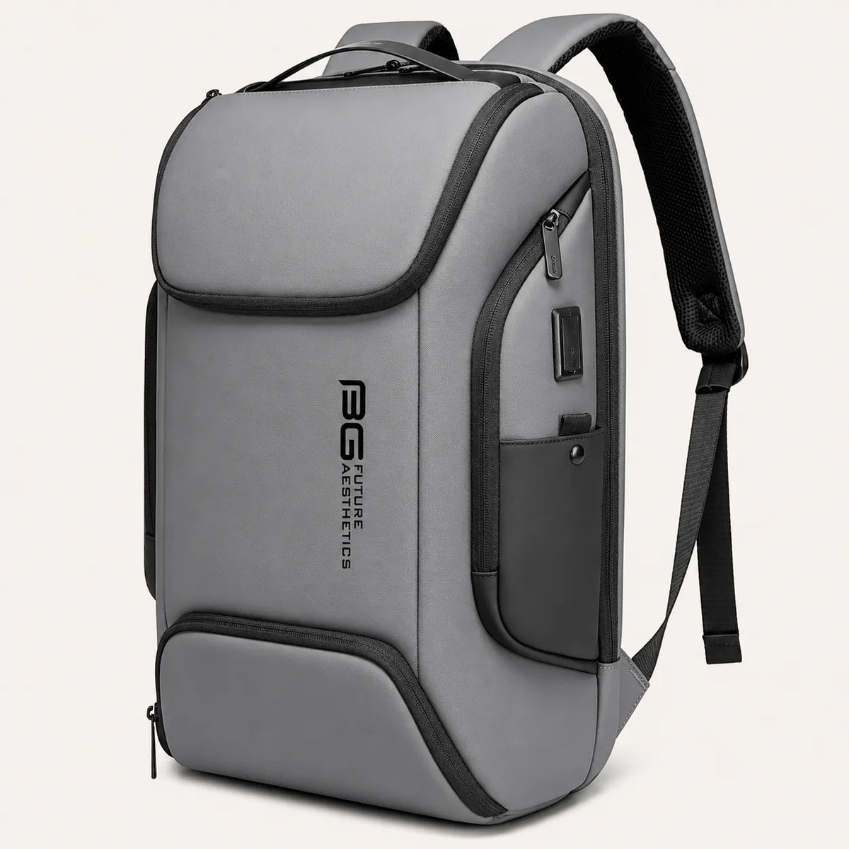 Sac à dos ordinateur gris BG Future Aesthetics avec port USB externe et poche latérale