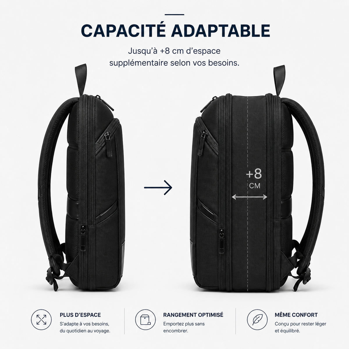 Sac à dos ordinateur homme business noir extensible avec capacité ajustable jusqu’à 8 cm