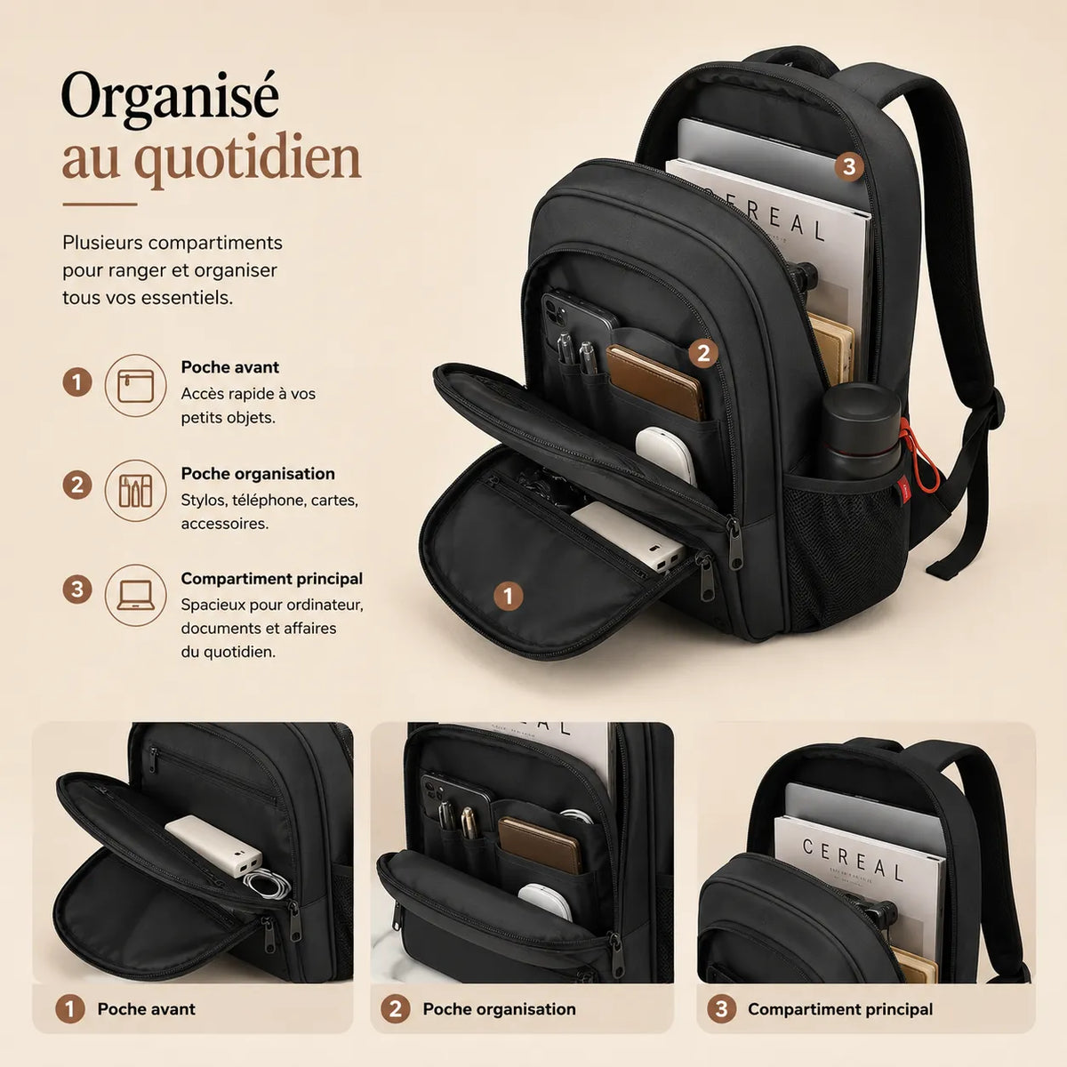 Infographie d un sac a dos ordinateur homme noir montrant les differents compartiments de rangement pour accessoires ordinateur et affaires du quotidien