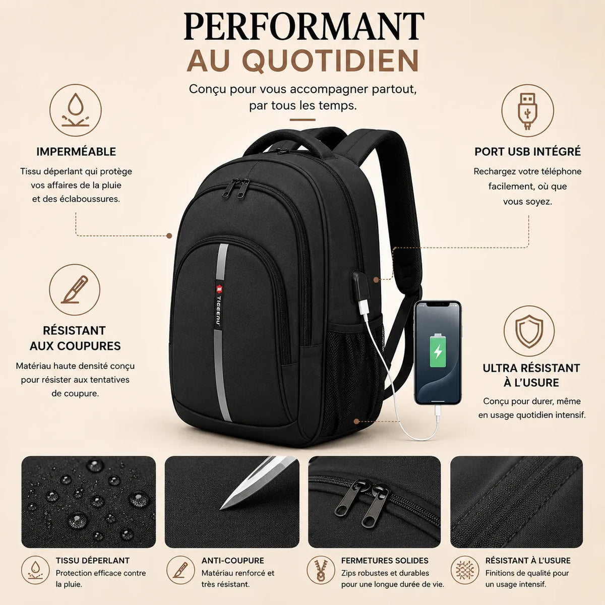 Infographie d un sac a dos ordinateur homme noir avec port USB integre tissu impermeable resistance aux coupures et a l usure