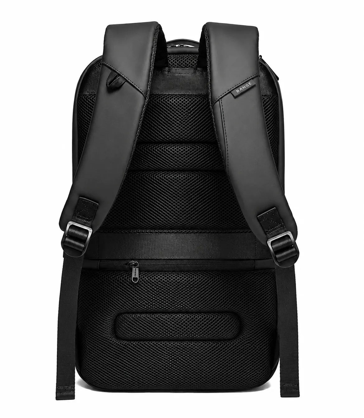 Vue arrière du sac à dos ordinateur noir BANGE avec dos rembourré respirant et bretelles ajustables
