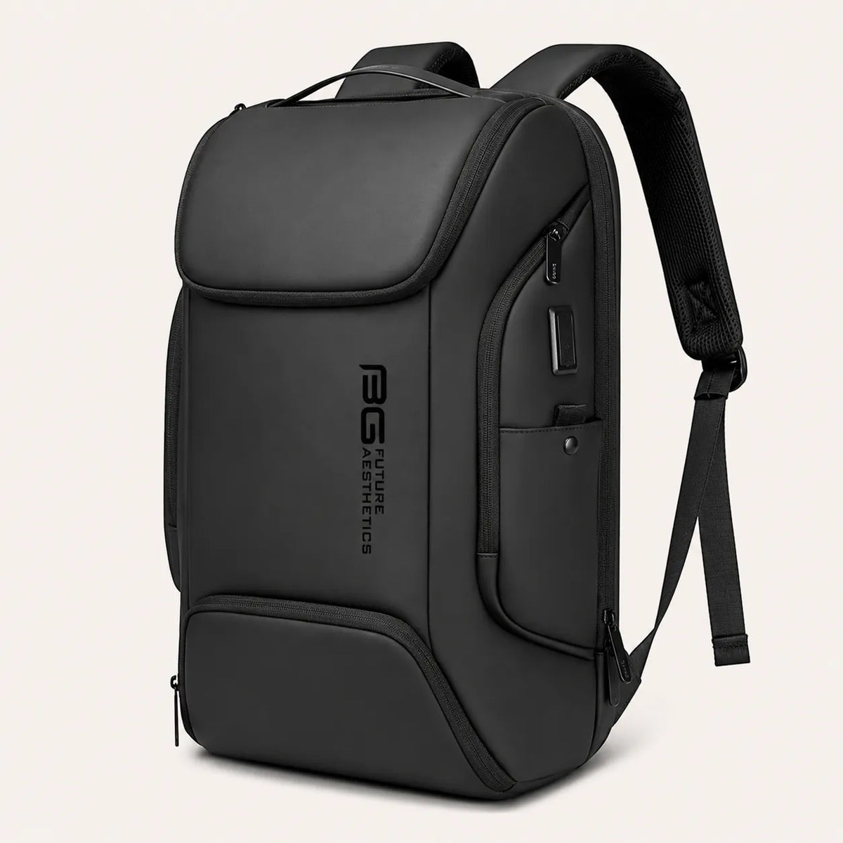 Sac à dos ordinateur noir BG Aesthetics avec port USB latéral et compartiment frontal zippé