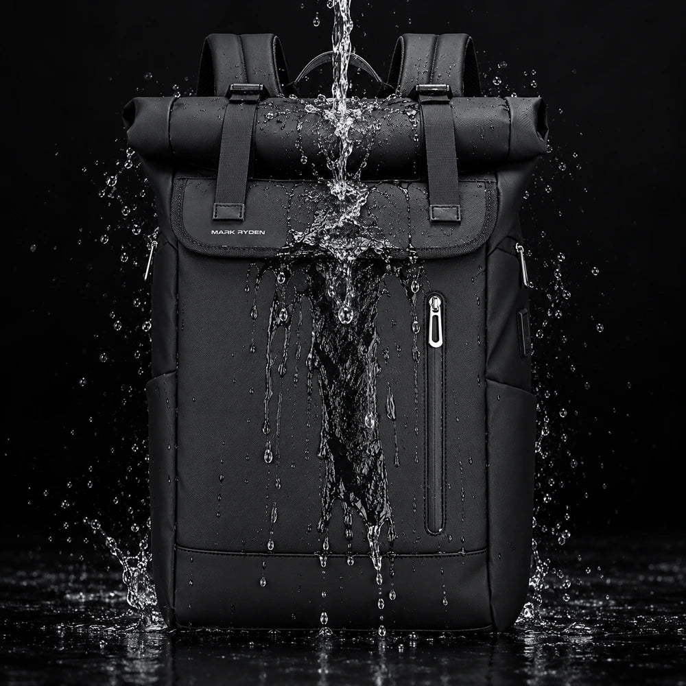 Le Nomade, sac à dos ordinateur Roll Top noir sous un jet d’eau