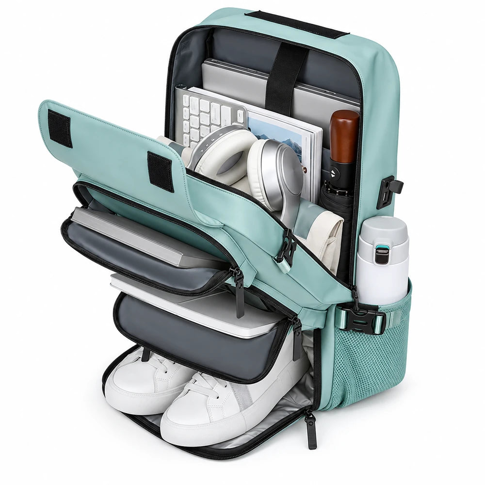 Compartiments ouverts du sac à dos voyage ordinateur L’Escapade avec espace chaussures et ordinateur