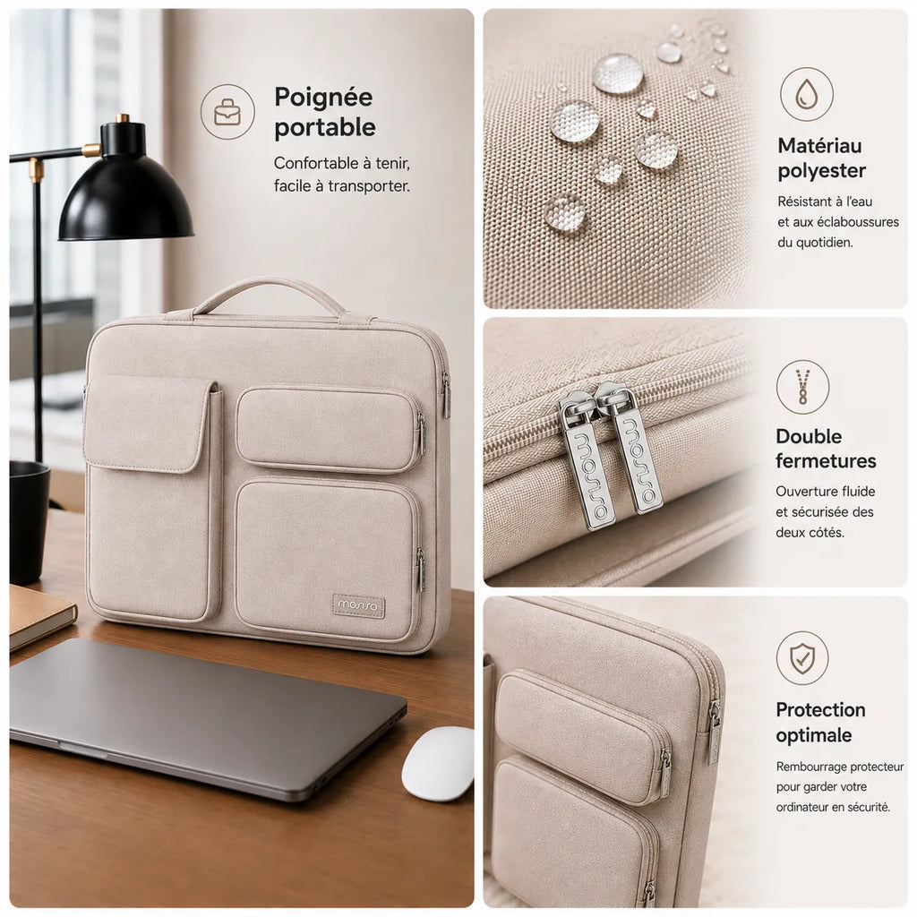 Visuel détaillé d’un sac ordinateur beige clair avec poignée, fermetures zippées, tissu polyester et protection rembourrée