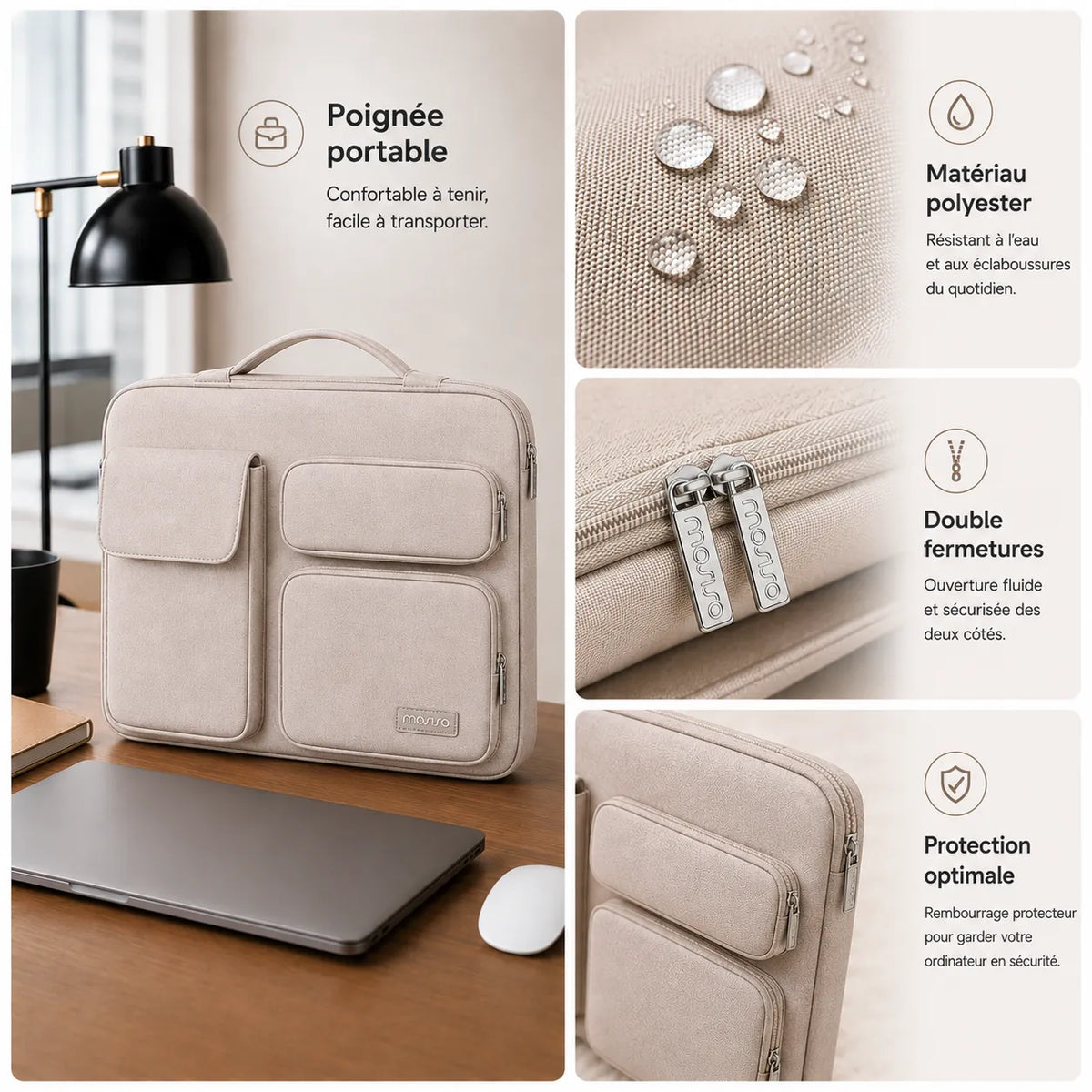 Visuel détaillé d’un sac ordinateur beige clair avec poignée, fermetures zippées, tissu polyester et protection rembourrée