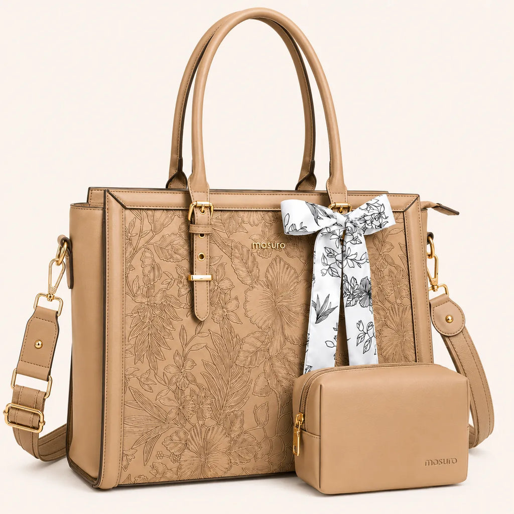 Sac ordinateur femme beige camel avec motif floral, bandoulière amovible et petite pochette assortie
