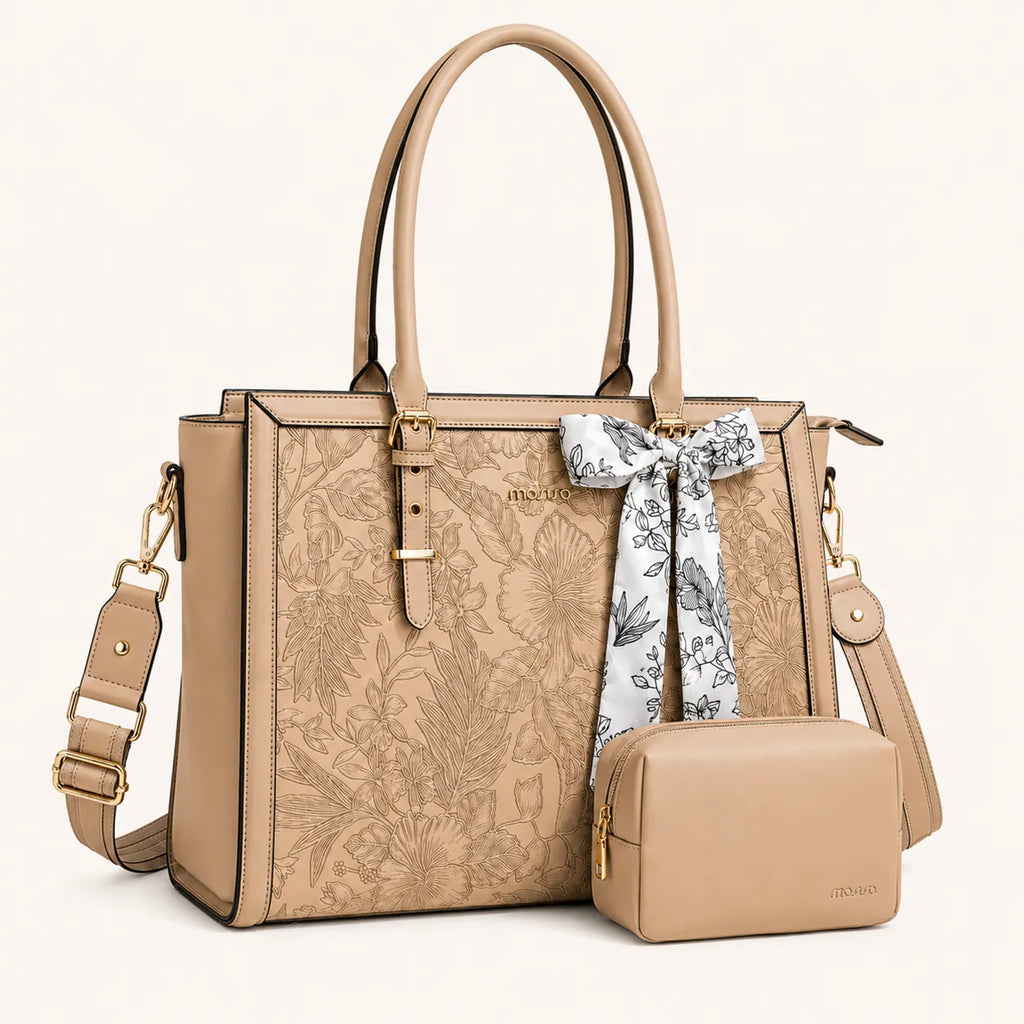 Sac ordinateur femme beige avec motif floral, bandoulière amovible et petite pochette assortie