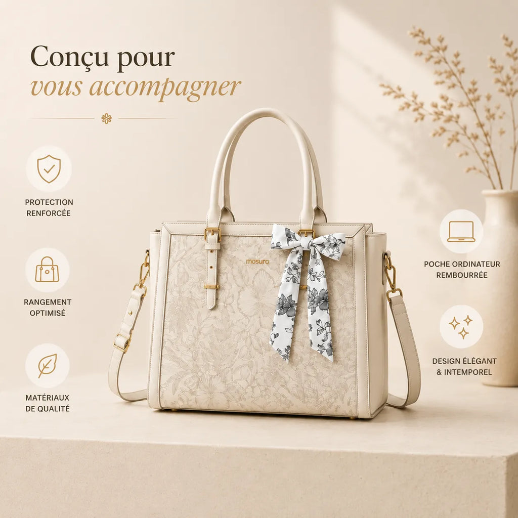 Image promotionnelle d’un sac ordinateur femme blanc avec arguments de protection, rangement et poche rembourrée