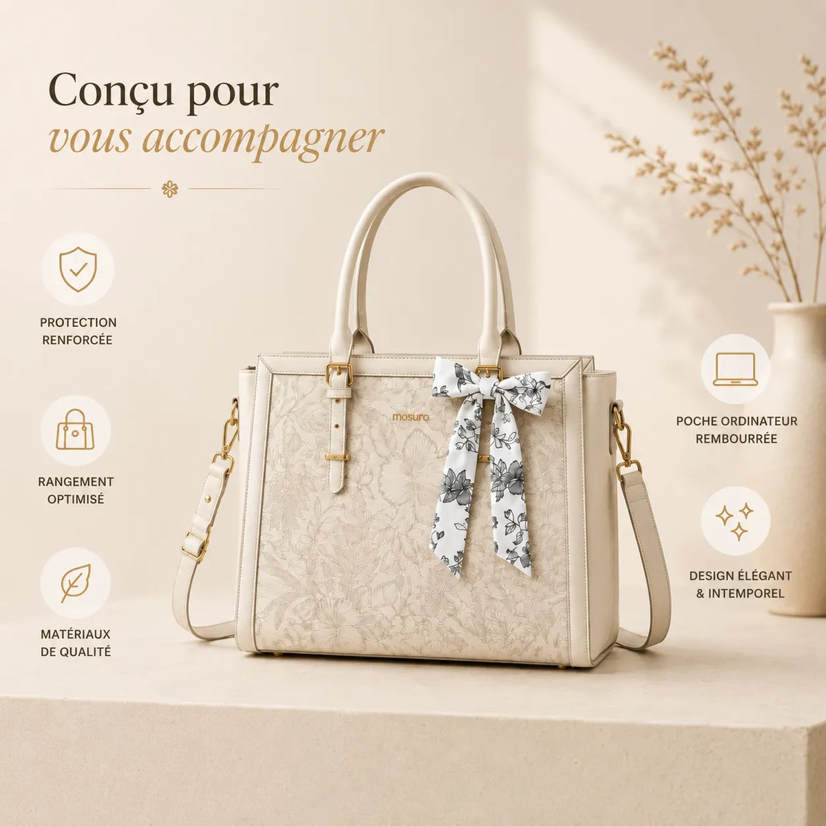 Image promotionnelle d’un sac ordinateur femme blanc avec arguments de protection, rangement et poche rembourrée