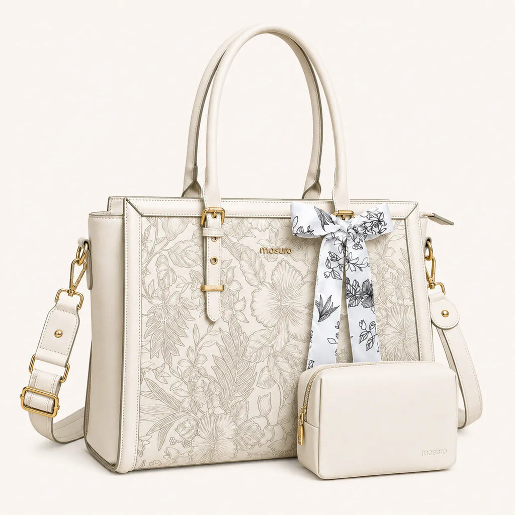 Sac ordinateur femme blanc avec motif floral, bandoulière amovible et petite pochette assortie