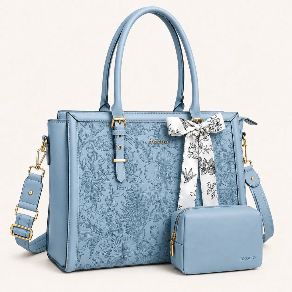 Sac ordinateur femme bleu ciel avec motif floral, bandoulière amovible et petite pochette assortie