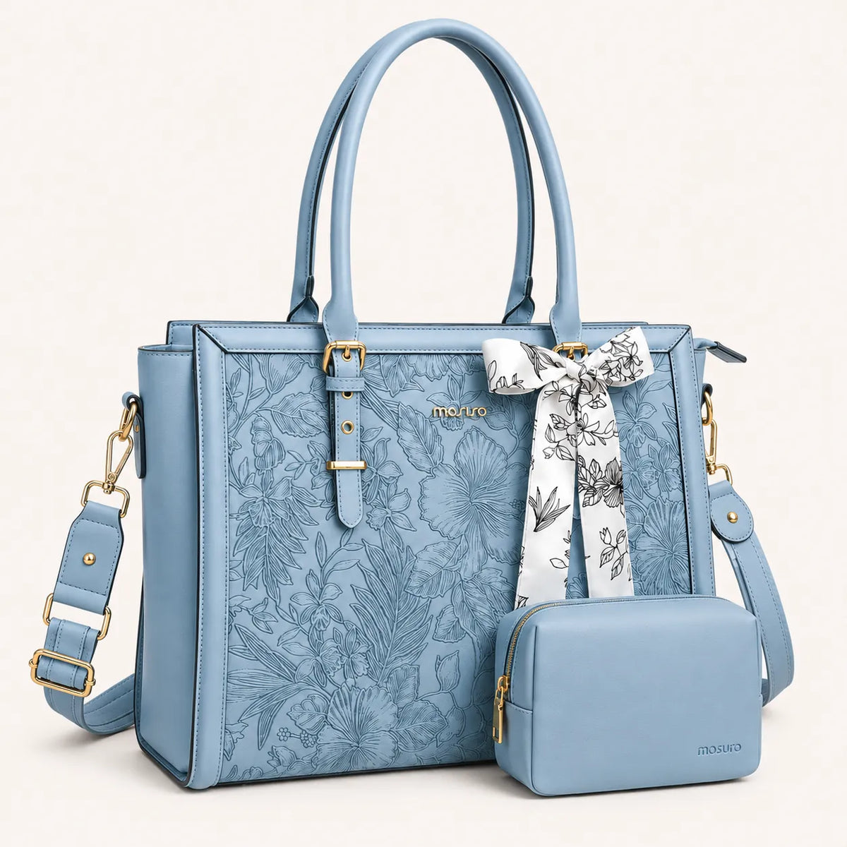 Sac ordinateur femme bleu ciel avec motif floral, bandoulière amovible et petite pochette assortie