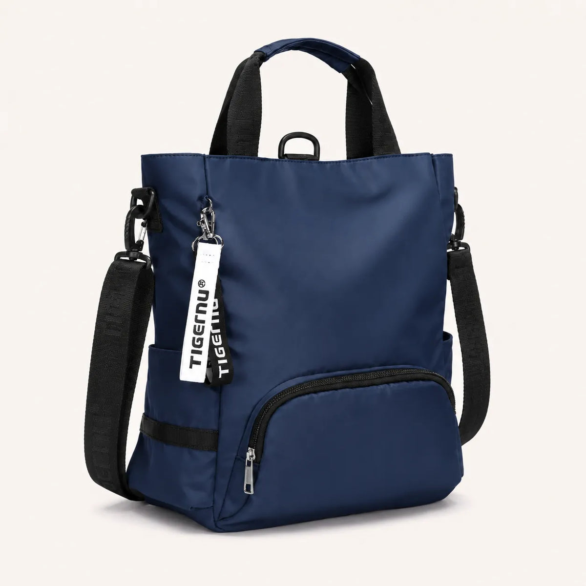 Sac ordinateur femme bleu marine en nylon avec poignées, bandoulière amovible et poche zippée avant