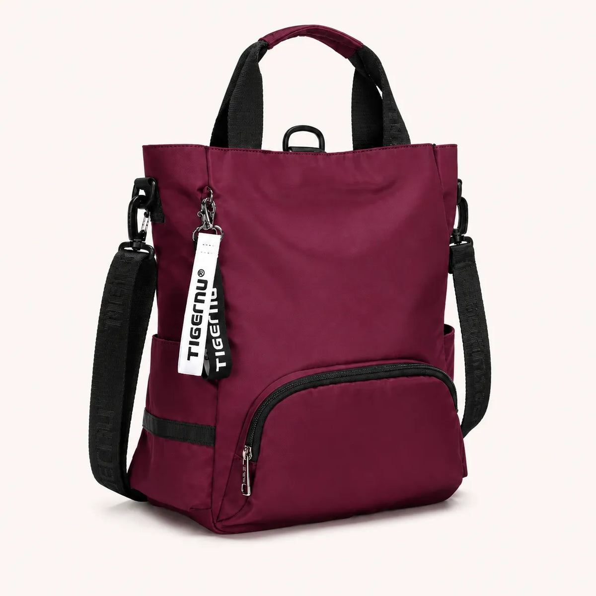 Sac ordinateur femme bordeaux en nylon avec poignées, bandoulière amovible et poche zippée avant