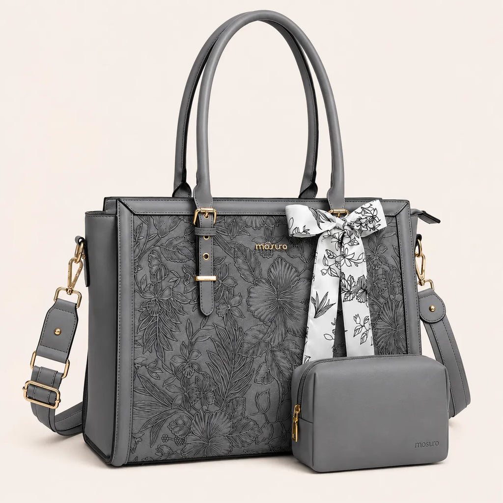 Sac ordinateur femme gris foncé avec motif floral, bandoulière amovible et petite pochette assortie