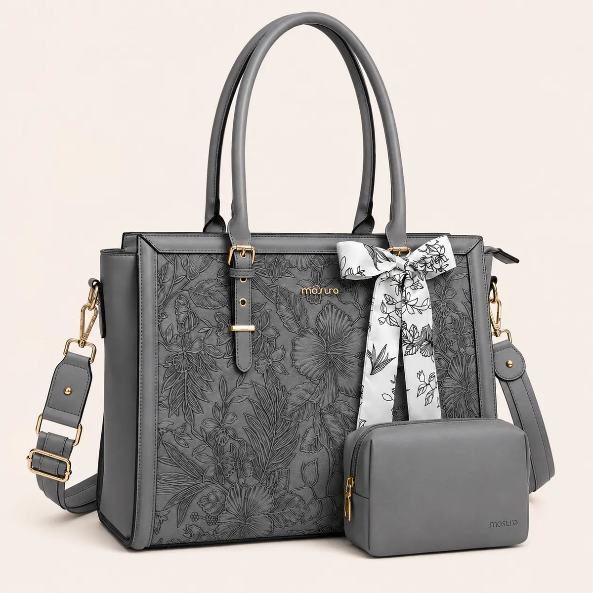 Sac ordinateur femme gris foncé avec motif floral, bandoulière amovible et petite pochette assortie