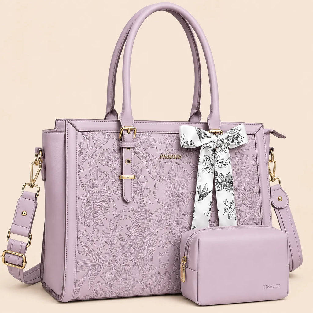 Sac ordinateur femme lilas avec motif floral, bandoulière amovible et petite pochette assortie