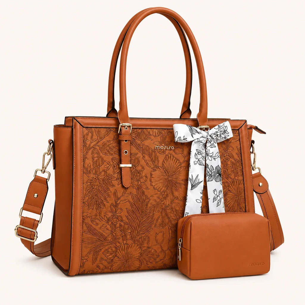 Sac ordinateur femme marron avec motif floral, bandoulière amovible et petite pochette assortie