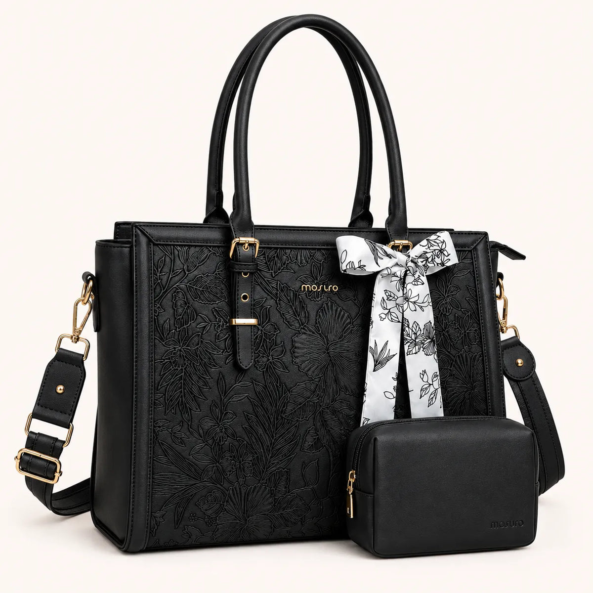 Sac ordinateur femme noir avec motif floral, bandoulière amovible et petite pochette assortie
