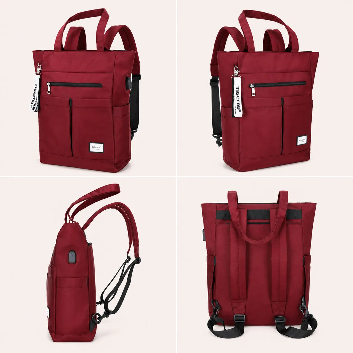 Sac ordinateur femme TIGERNU bordeaux présenté sous plusieurs angles, avec mode sac à dos, porté épaule et multiples poches de rangement.