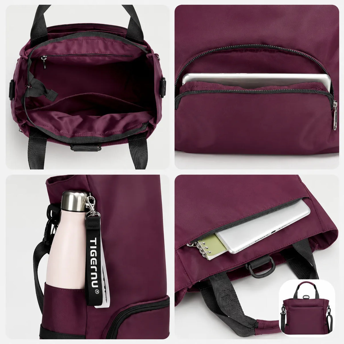 Sac ordinateur femme prune TIGERNU avec compartiment principal, poche arrière discrète, rangement pour ordinateur portable et poche latérale pour gourde.