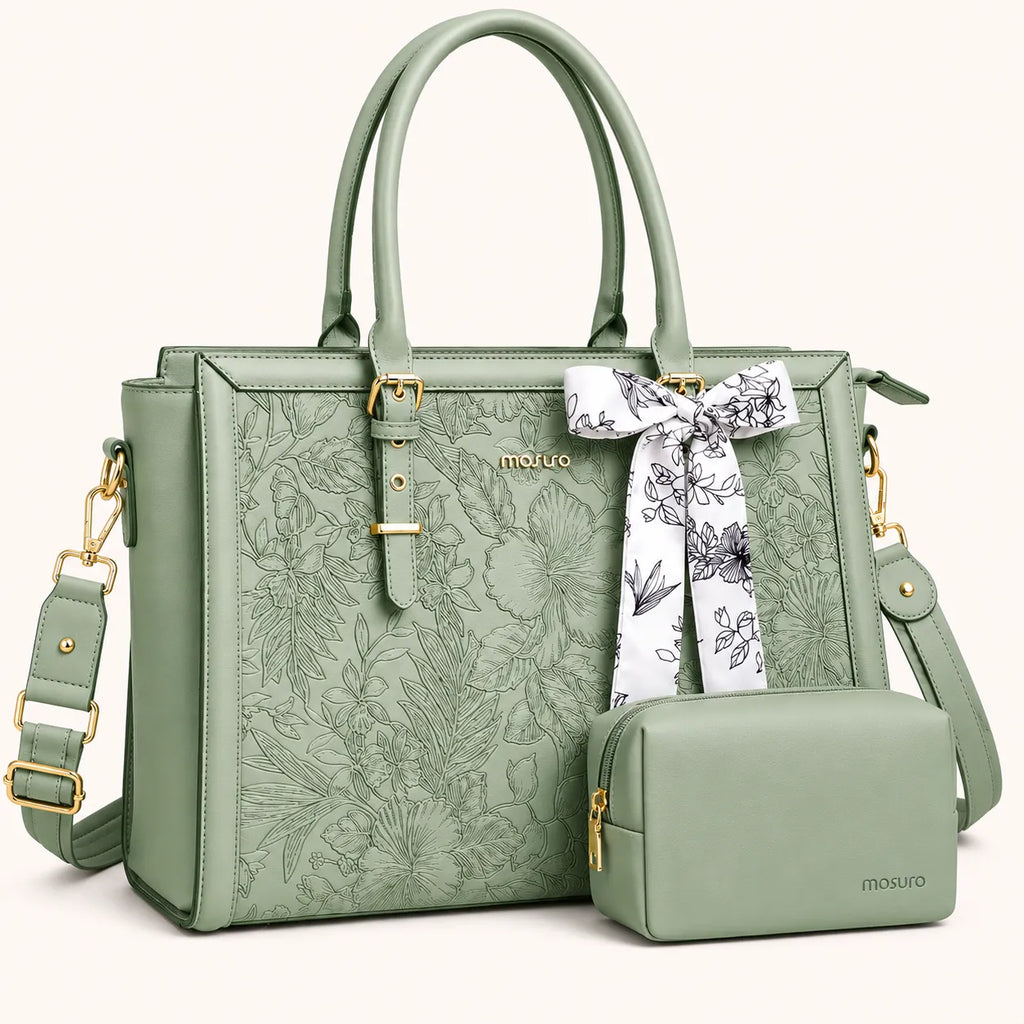 Sac ordinateur femme vert amande avec motif floral, bandoulière amovible et petite pochette assortie