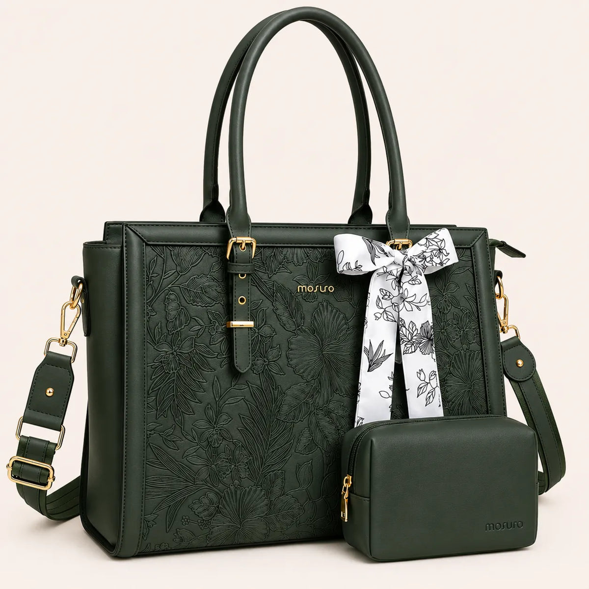 Sac ordinateur femme vert kaki foncé avec motif floral, bandoulière amovible et petite pochette assortie