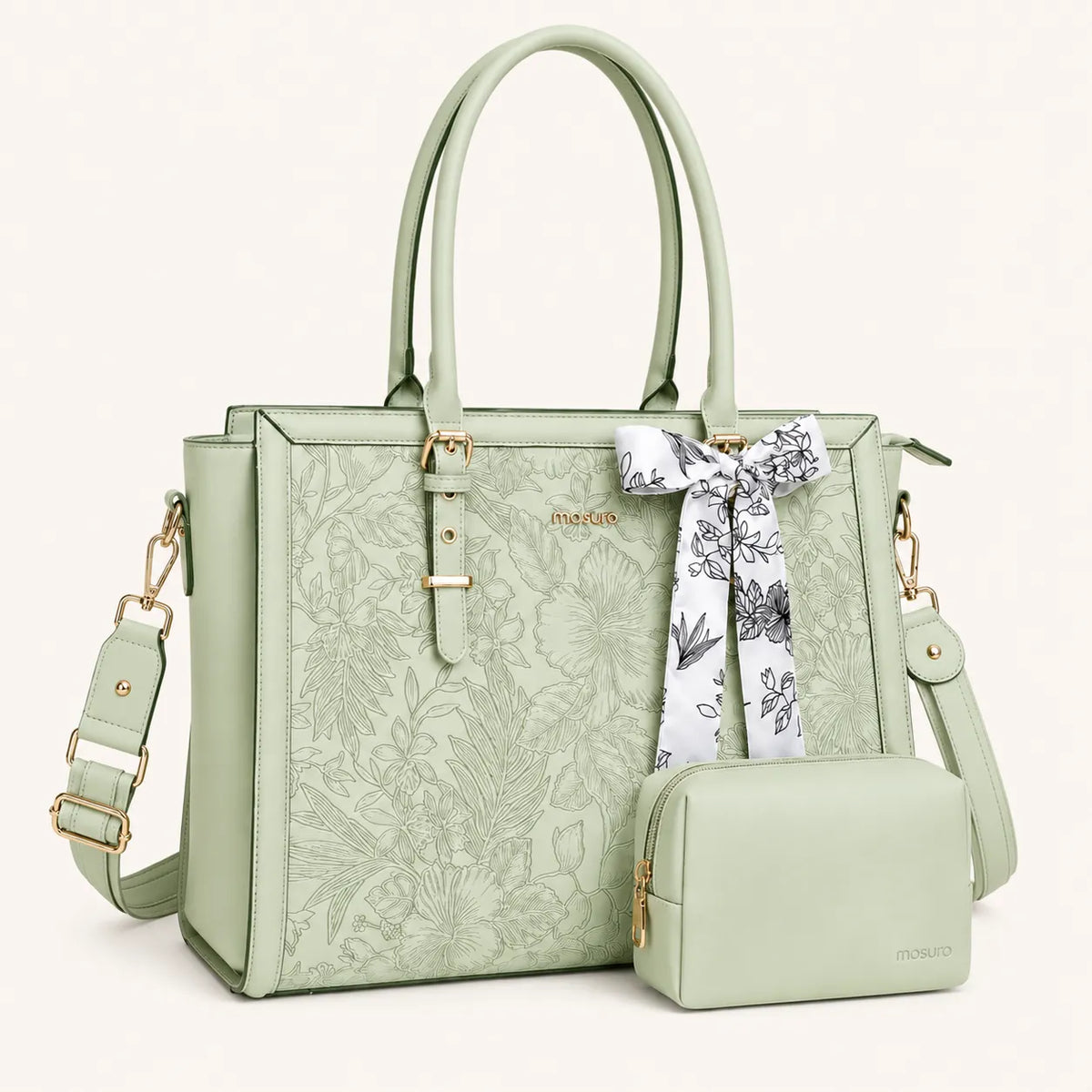 Sac ordinateur femme vert sauge avec motif floral, bandoulière amovible et petite pochette assortie