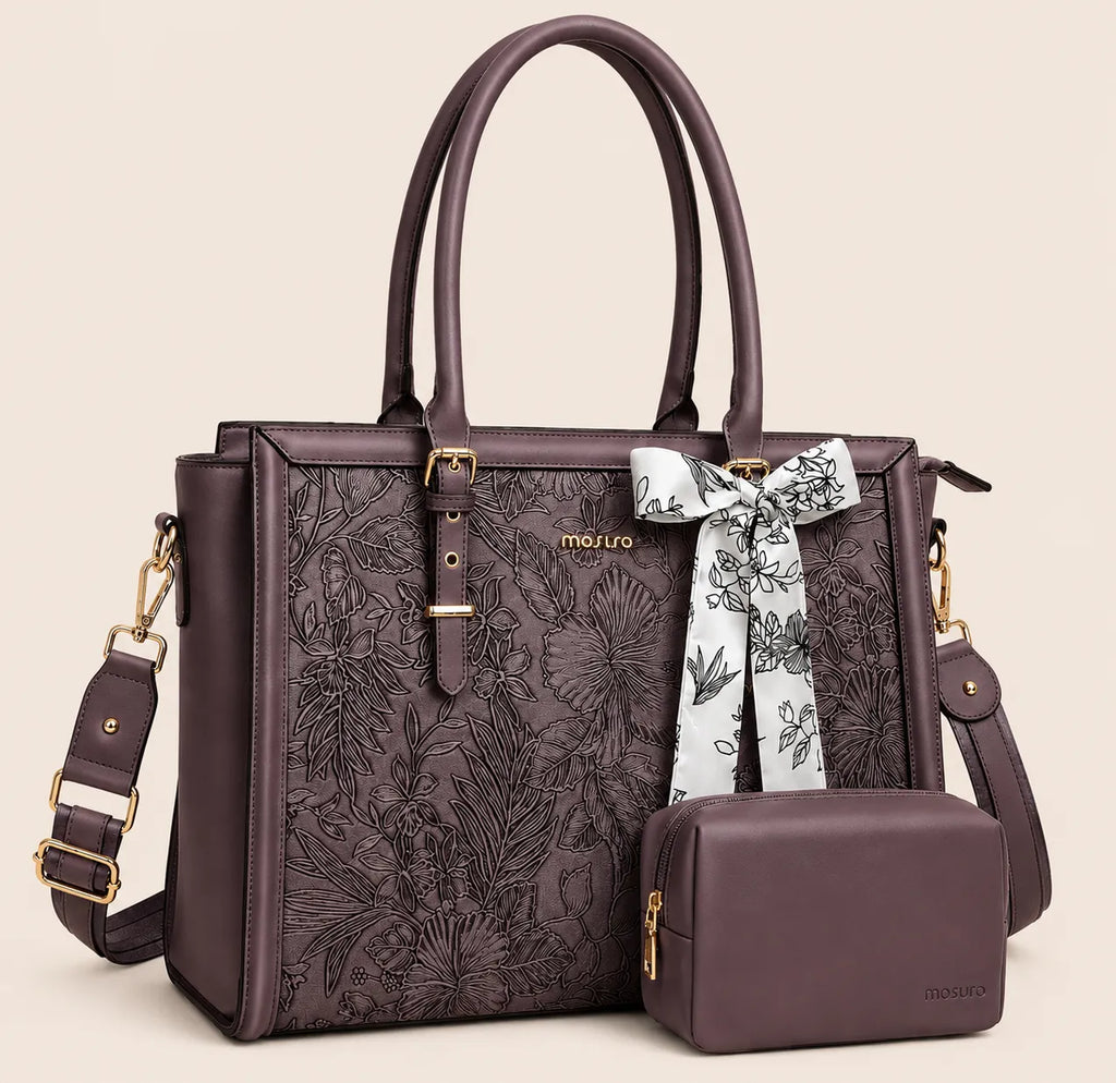 Sac ordinateur femme violet prune avec motif floral, bandoulière amovible et petite pochette assortie