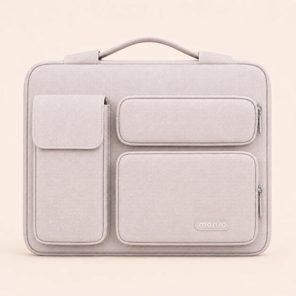 Sac ordinateur beige clair avec poignée supérieure, deux poches frontales et fermetures zippées
