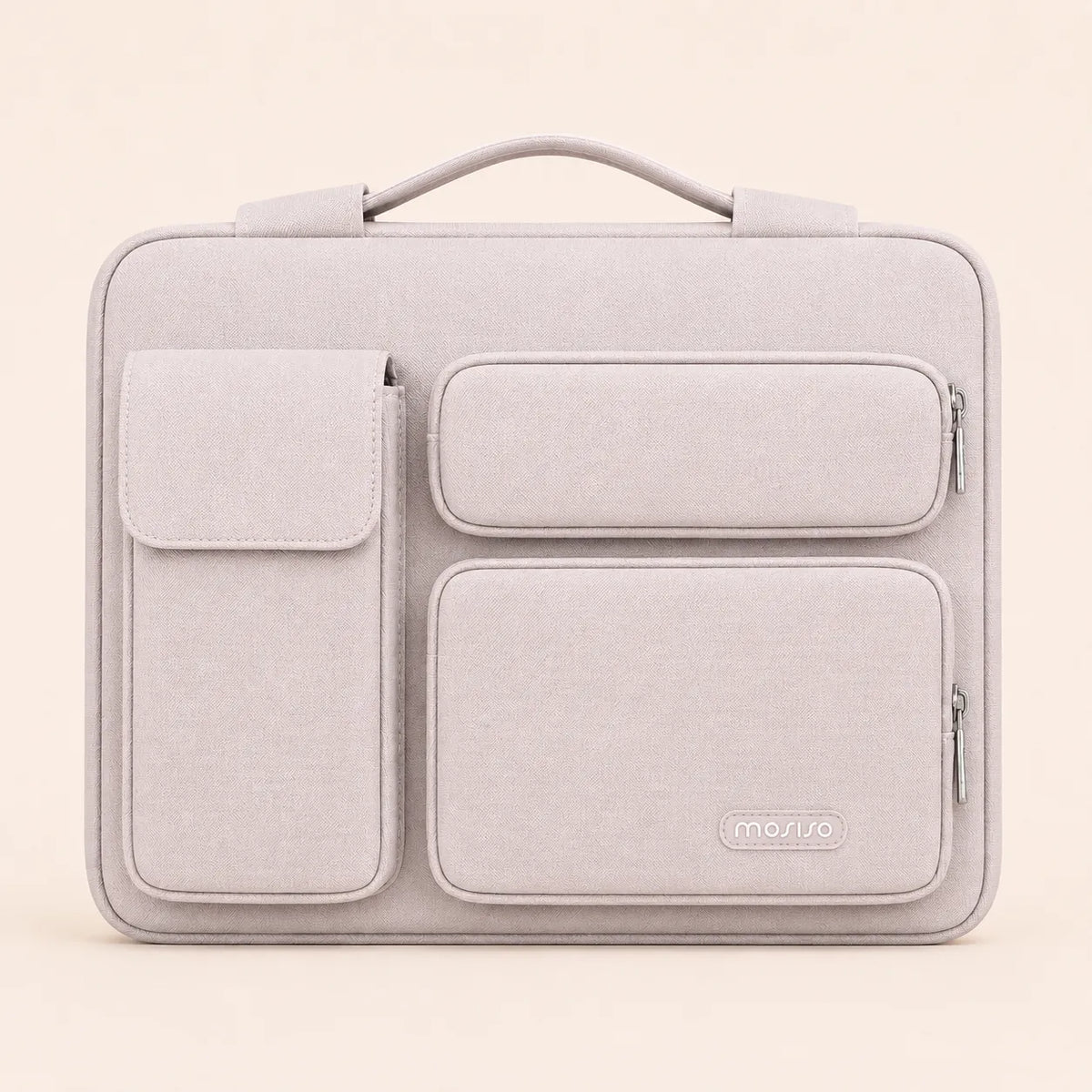 Sac ordinateur beige clair avec poignée supérieure, deux poches frontales et fermetures zippées