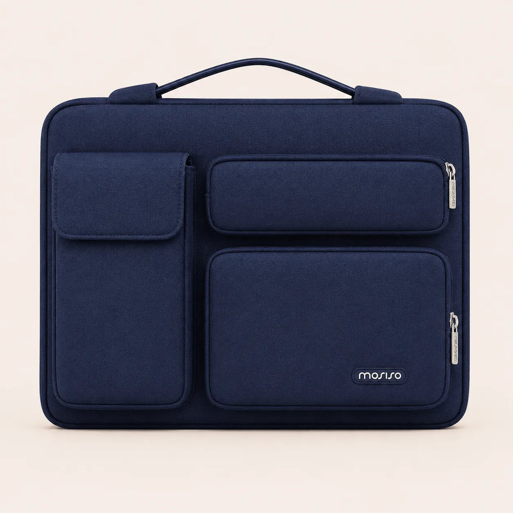 Sac ordinateur bleu marine avec poignée supérieure, deux poches frontales et fermeture zippée