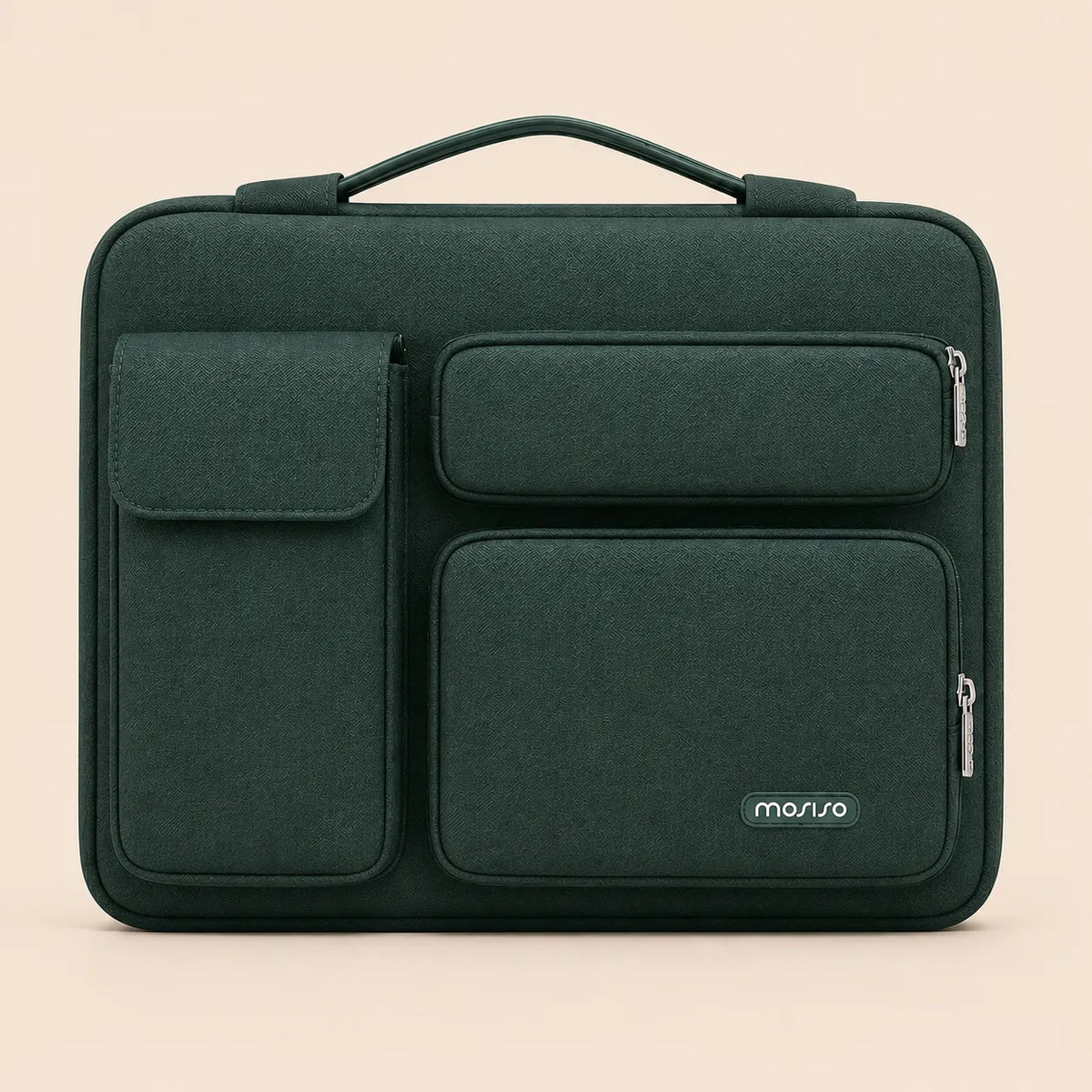 Sac ordinateur vert foncé avec poignée supérieure, deux poches frontales et fermeture zippée